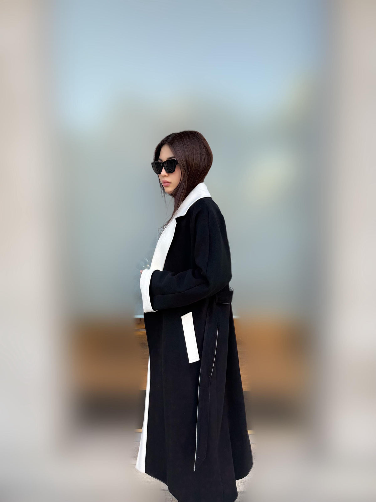 Black - White Long Cashmere Coat, Women’s Handmade Wool Design Jacket