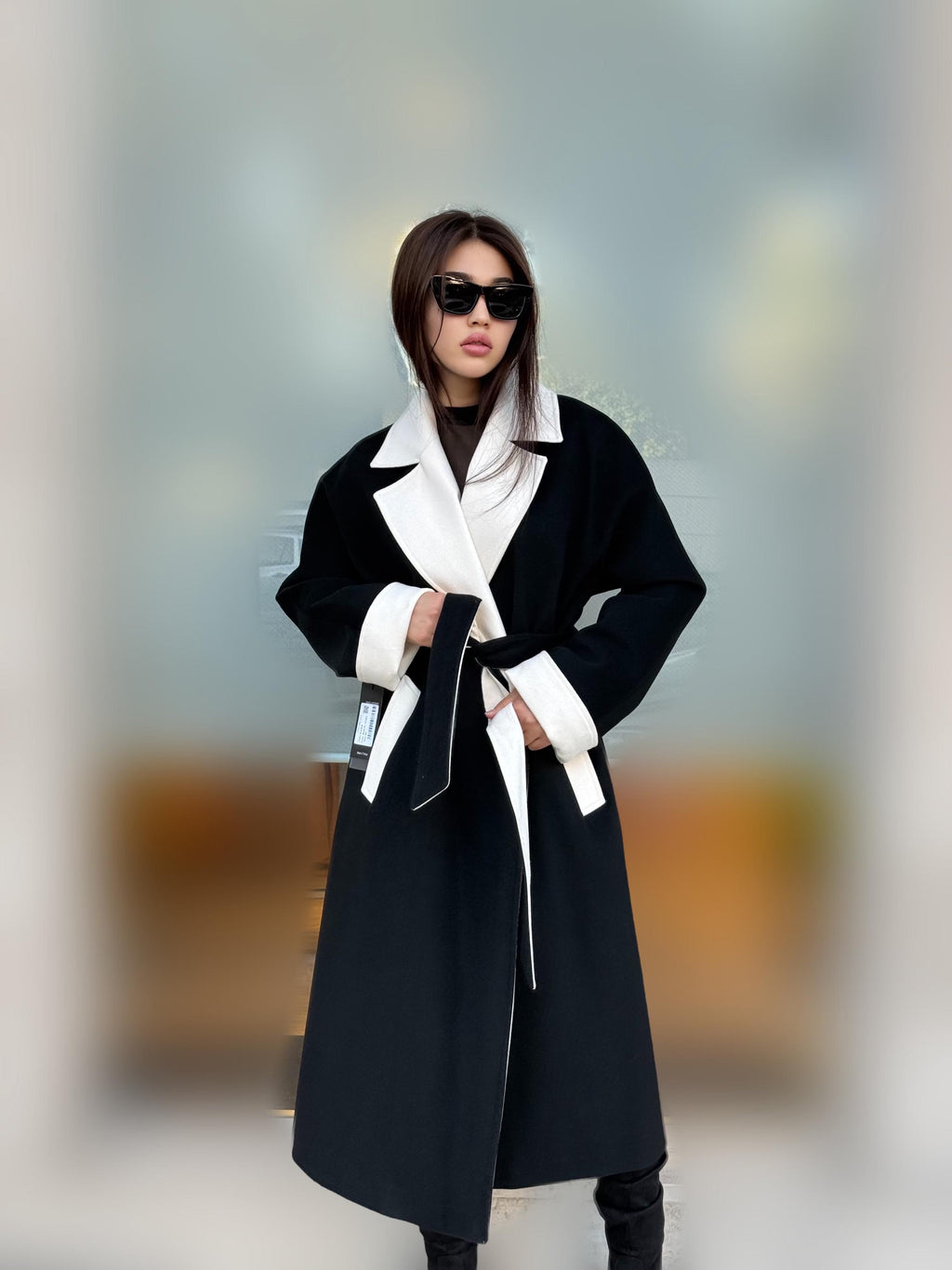 Black - White Long Cashmere Coat, Women’s Handmade Wool Design Jacket