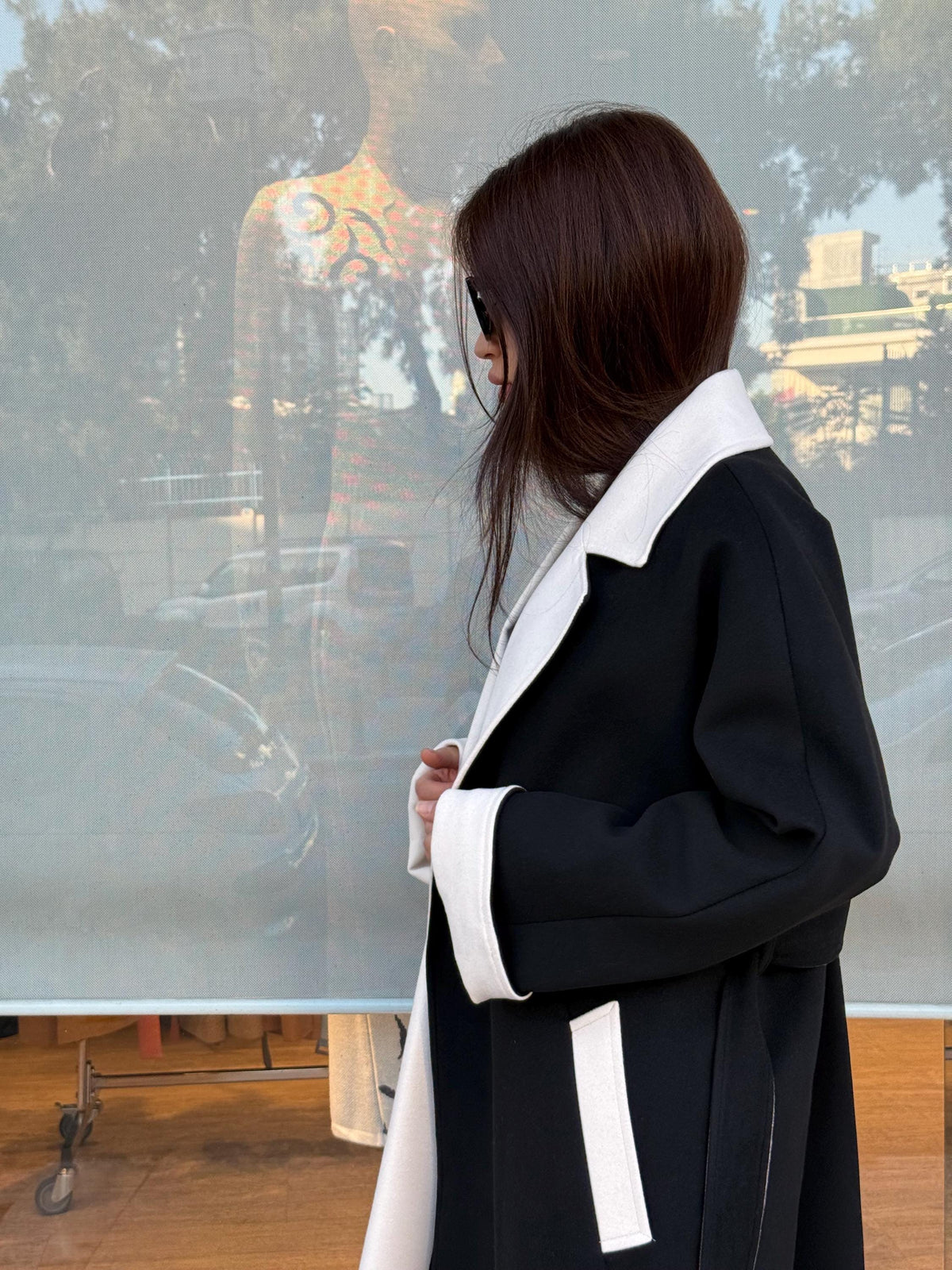 Black - White Long Cashmere Coat, Women’s Handmade Wool Design Jacket