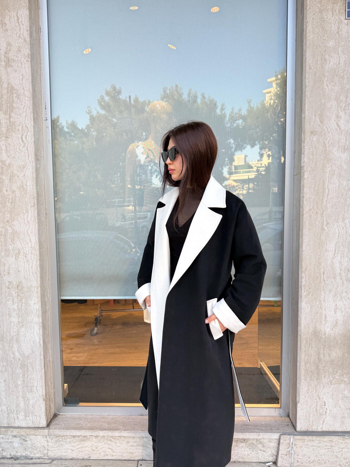 Black - White Long Cashmere Coat, Women’s Handmade Wool Design Jacket