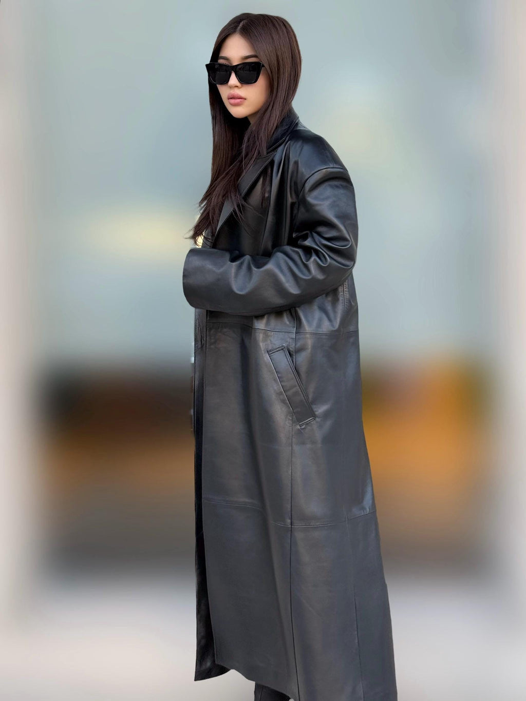 Black Handmade Genuine Sheepskin Leather Trench Coat for Women – Long Real Leather Belted Overcoat – Handmade Luxury Winter Jacket