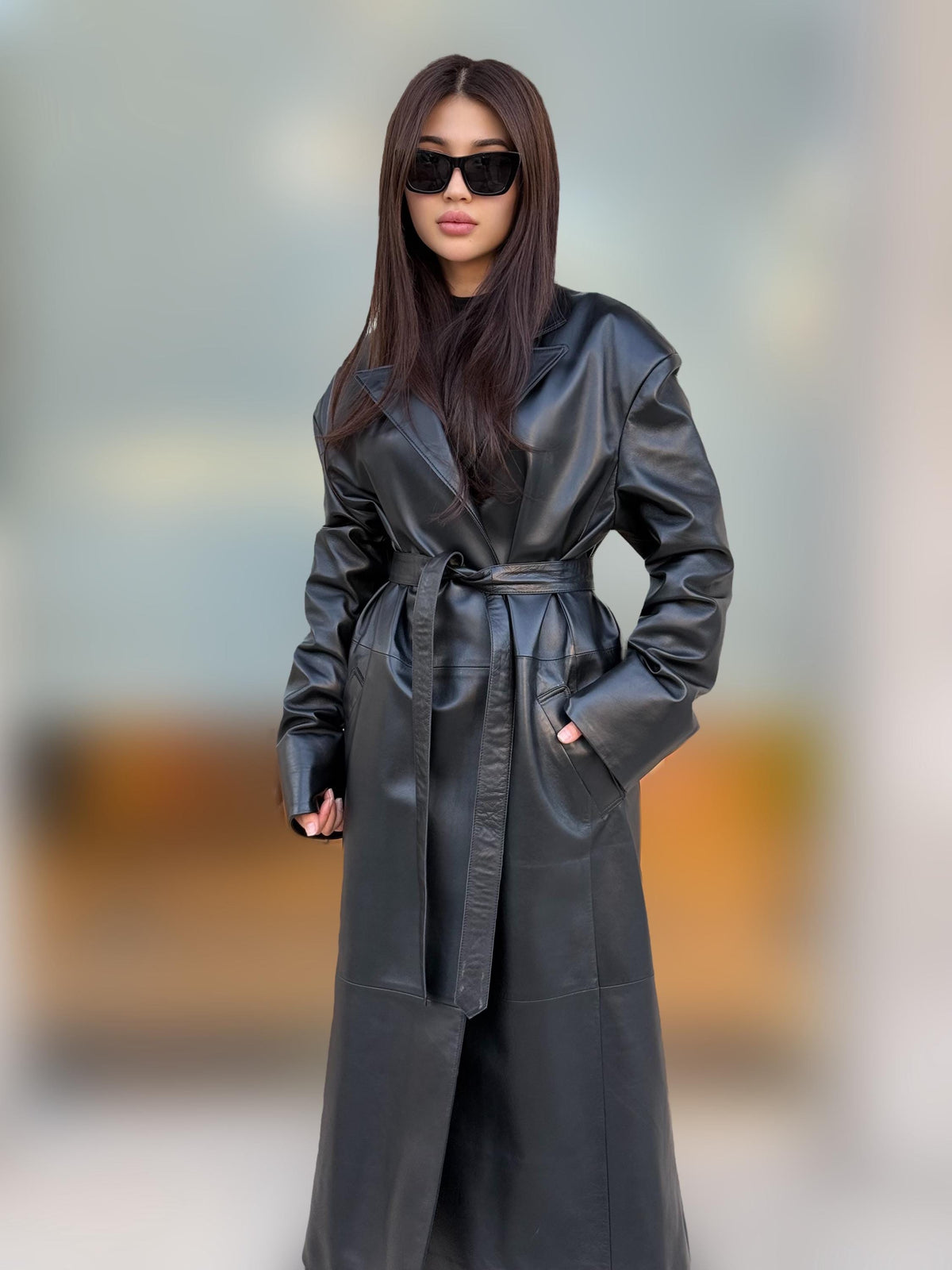 Black Handmade Genuine Sheepskin Leather Trench Coat for Women – Long Real Leather Belted Overcoat – Handmade Luxury Winter Jacket