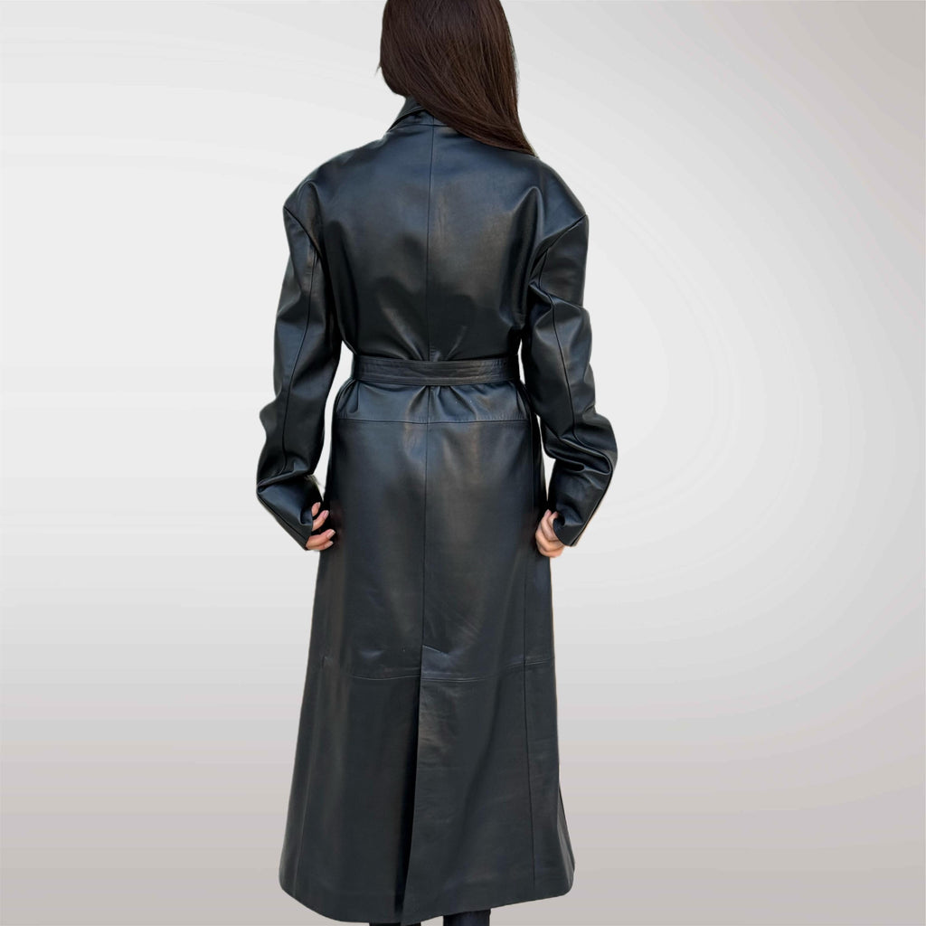 Black Handmade Genuine Sheepskin Leather Trench Coat for Women – Long Real Leather Belted Overcoat – Handmade Luxury Winter Jacket