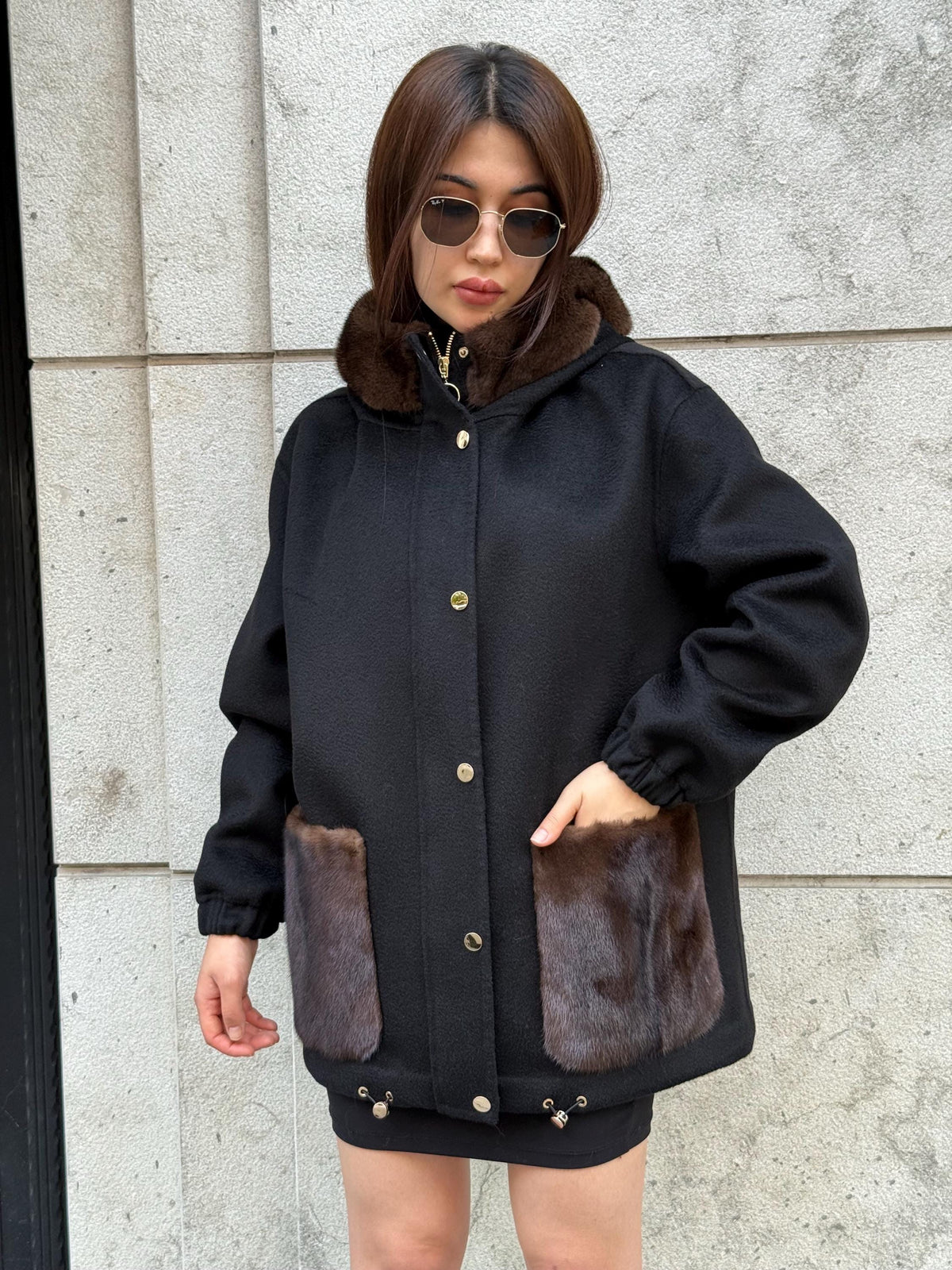 Black Women’s Zibellino Alpaca Jacket, Short Hood Pocket Mink Fur Trim Virgin Wool Coat