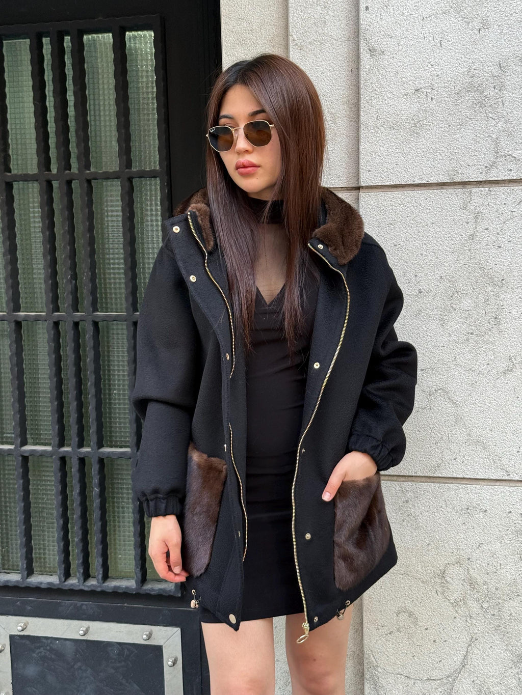 Black Women’s Zibellino Alpaca Jacket, Short Hood Pocket Mink Fur Trim Virgin Wool Coat