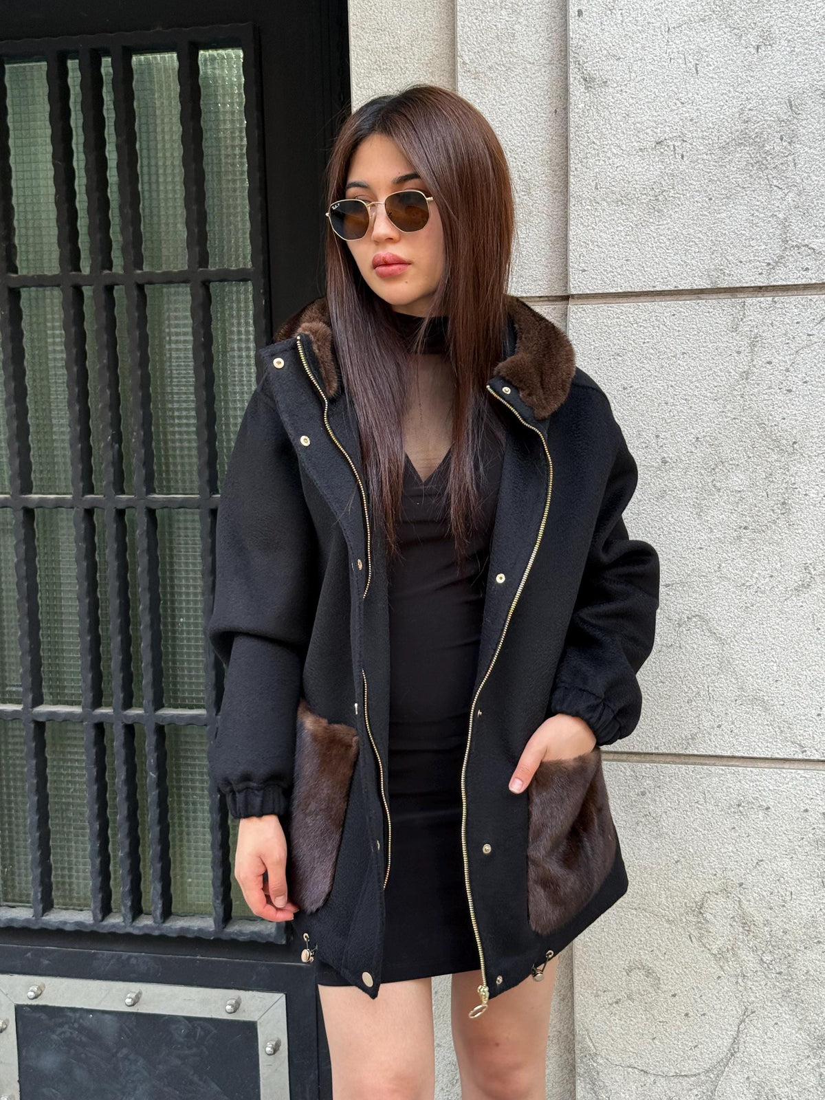 Black Women’s Zibellino Alpaca Jacket, Short Hood Pocket Mink Fur Trim Virgin Wool Coat