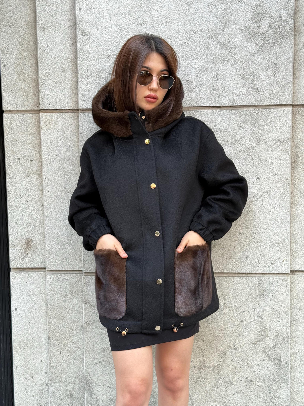 Black Women’s Zibellino Alpaca Jacket, Short Hood Pocket Mink Fur Trim Virgin Wool Coat