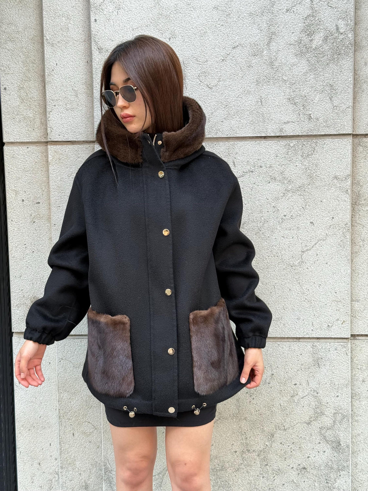 Black Women’s Zibellino Alpaca Jacket, Short Hood Pocket Mink Fur Trim Virgin Wool Coat