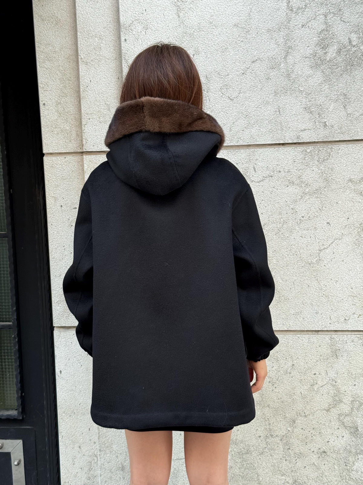 Black Women’s Zibellino Alpaca Jacket, Short Hood Pocket Mink Fur Trim Virgin Wool Coat