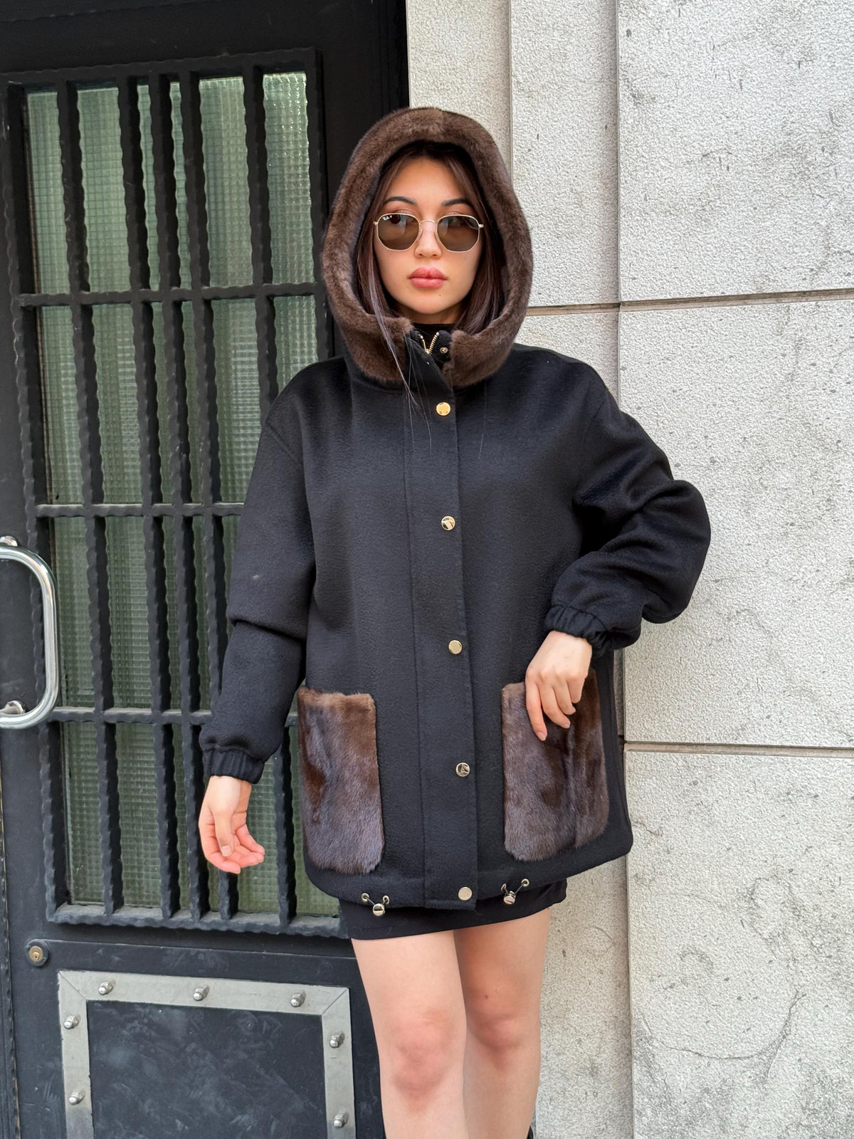 Black Women’s Zibellino Alpaca Jacket, Short Hood Pocket Mink Fur Trim Virgin Wool Coat