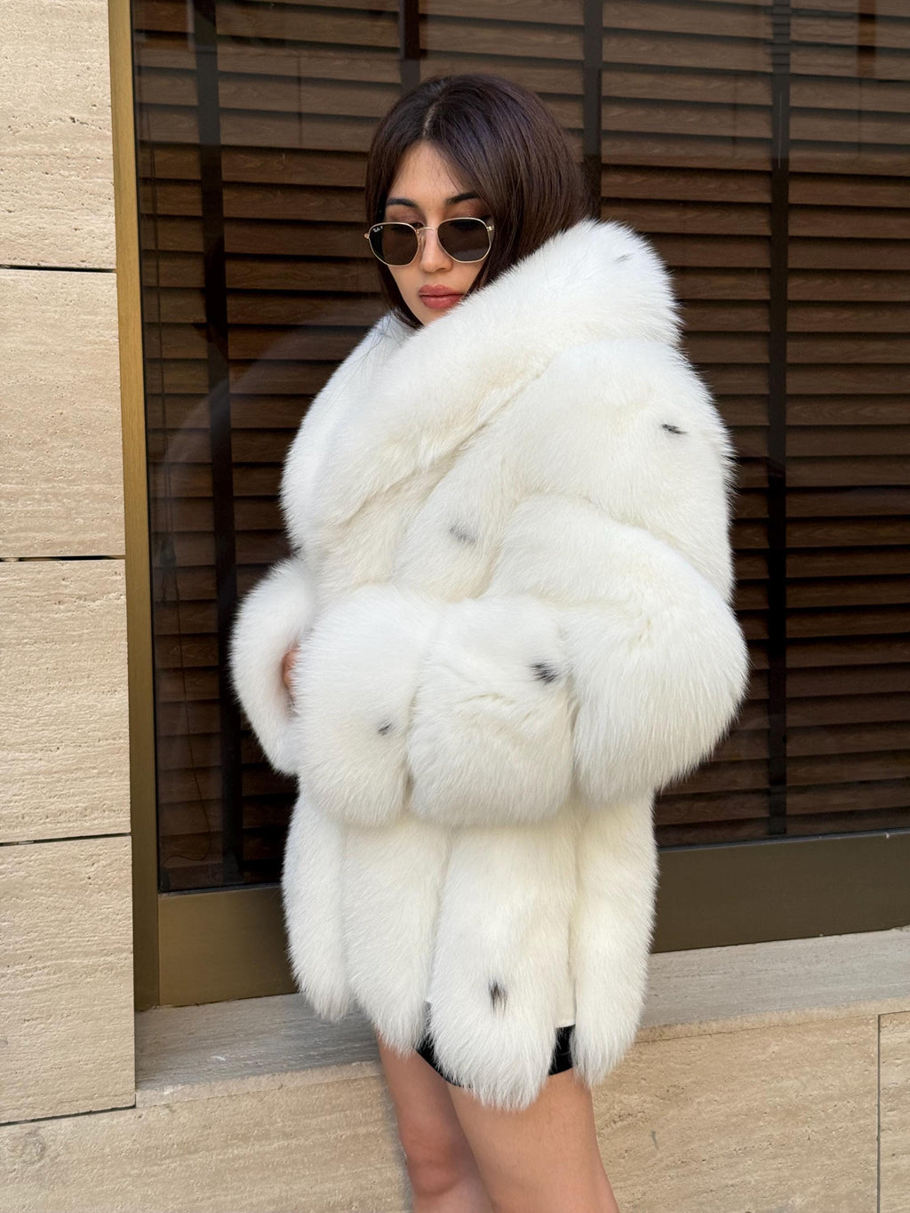 Luxury Shadow White Fox Fur Coat | Handmade Warm Genuine Fur Jacket for Women