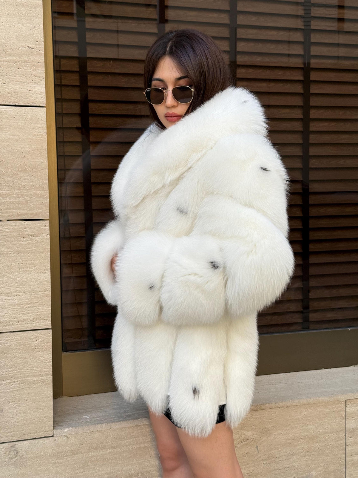 Luxury Shadow White Fox Fur Coat | Handmade Warm Genuine Fur Jacket for Women