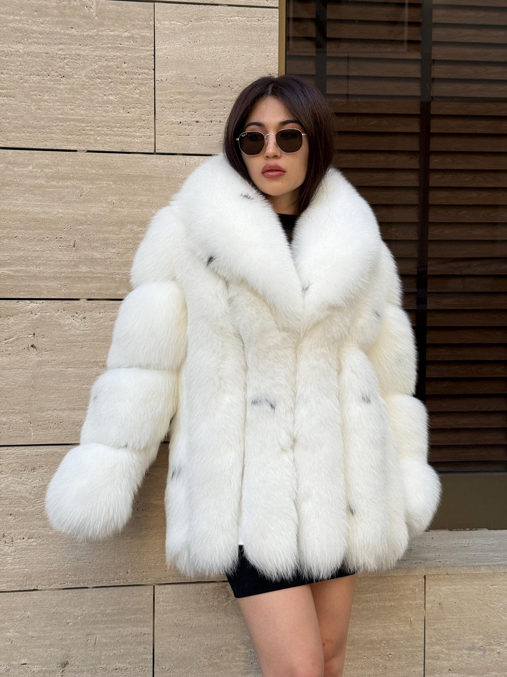 Luxury Shadow White Fox Fur Coat | Handmade Warm Genuine Fur Jacket for Women