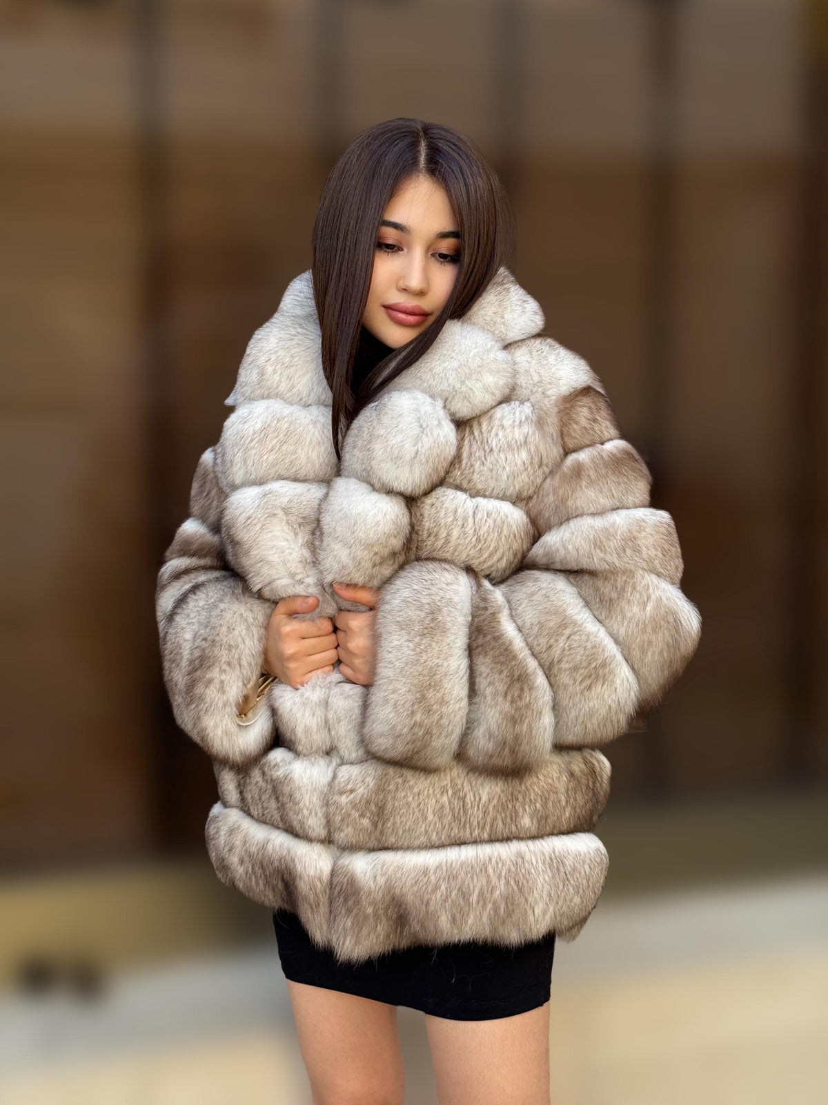 Beige Fox Fur Jacket: Women’s Handmade Short Soft Fur Coat
