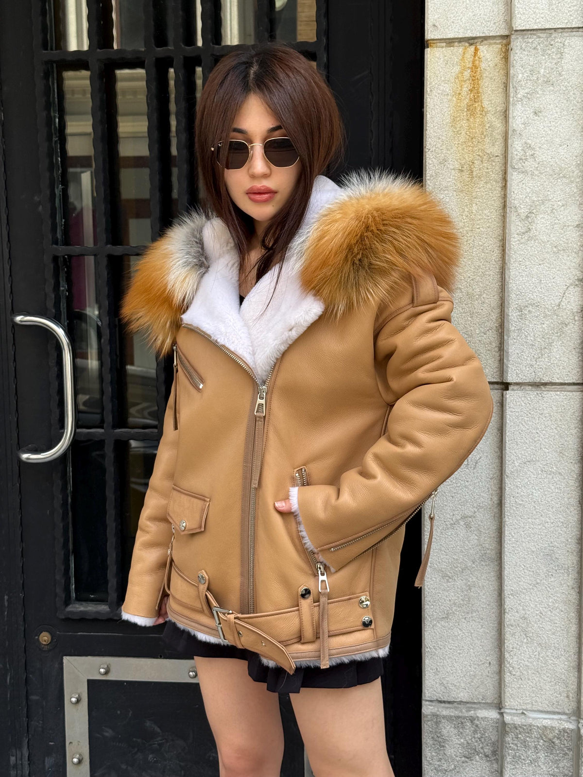 Mustard Women’s Shearling Coat, Handmade Lambskin Short Hood - Fox Fur Jacket