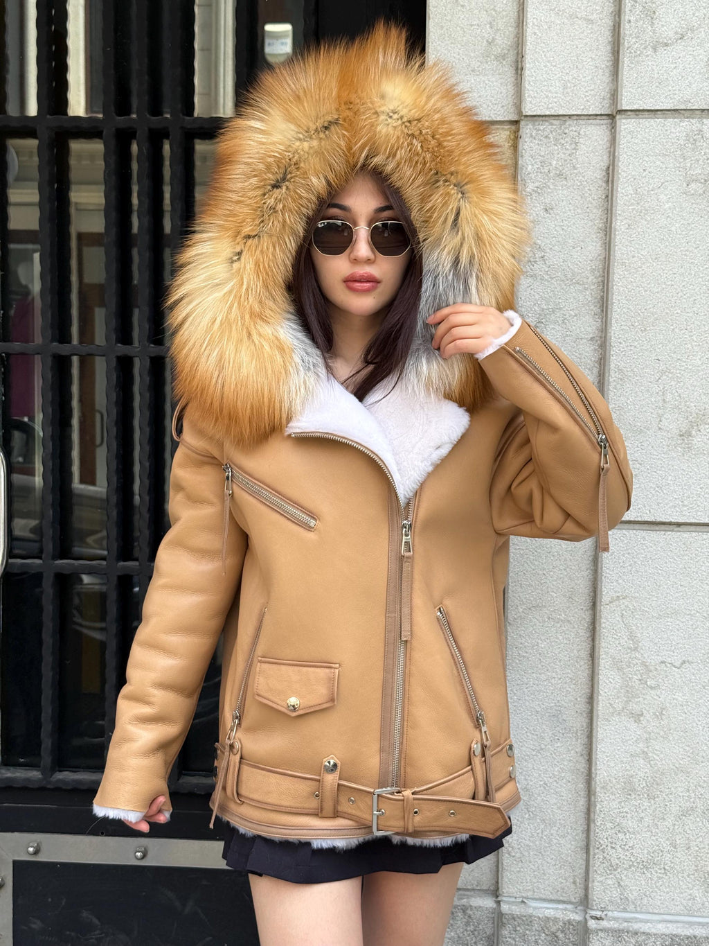 Mustard Women’s Shearling Coat, Handmade Lambskin Short Hood - Fox Fur Jacket
