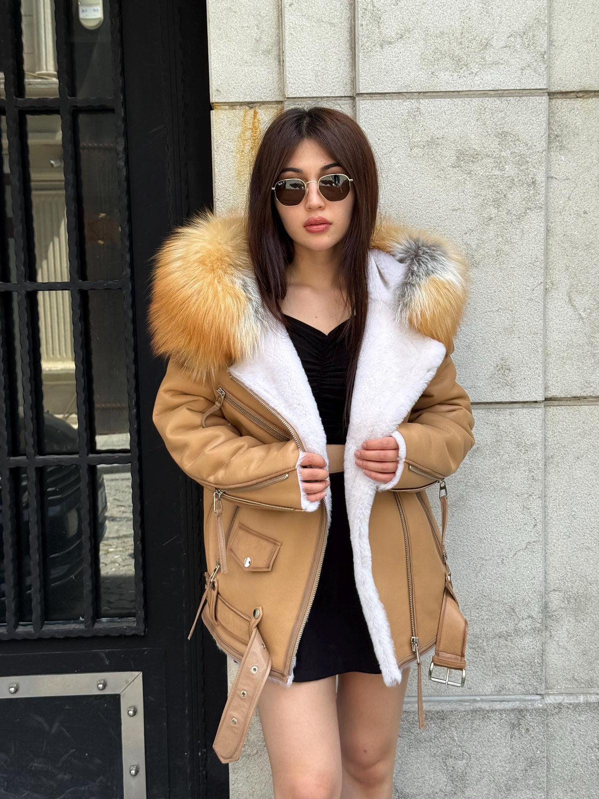 Mustard Women’s Shearling Coat, Handmade Lambskin Short Hood - Fox Fur Jacket