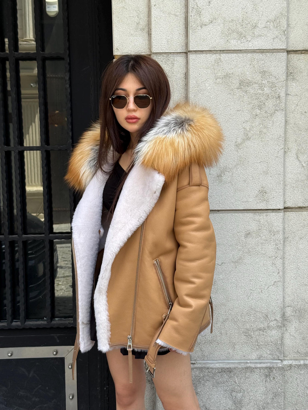 Mustard Women’s Shearling Coat, Handmade Lambskin Short Hood - Fox Fur Jacket
