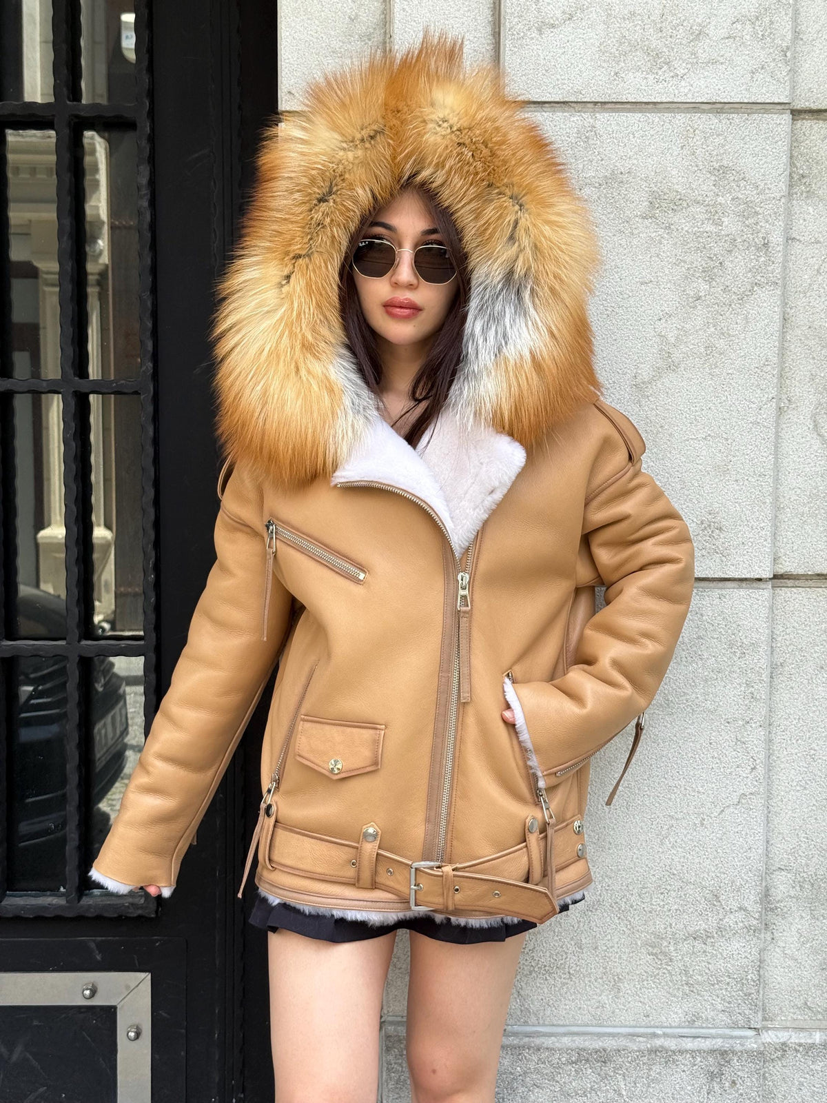Mustard Women’s Shearling Coat, Handmade Lambskin Short Hood - Fox Fur Jacket