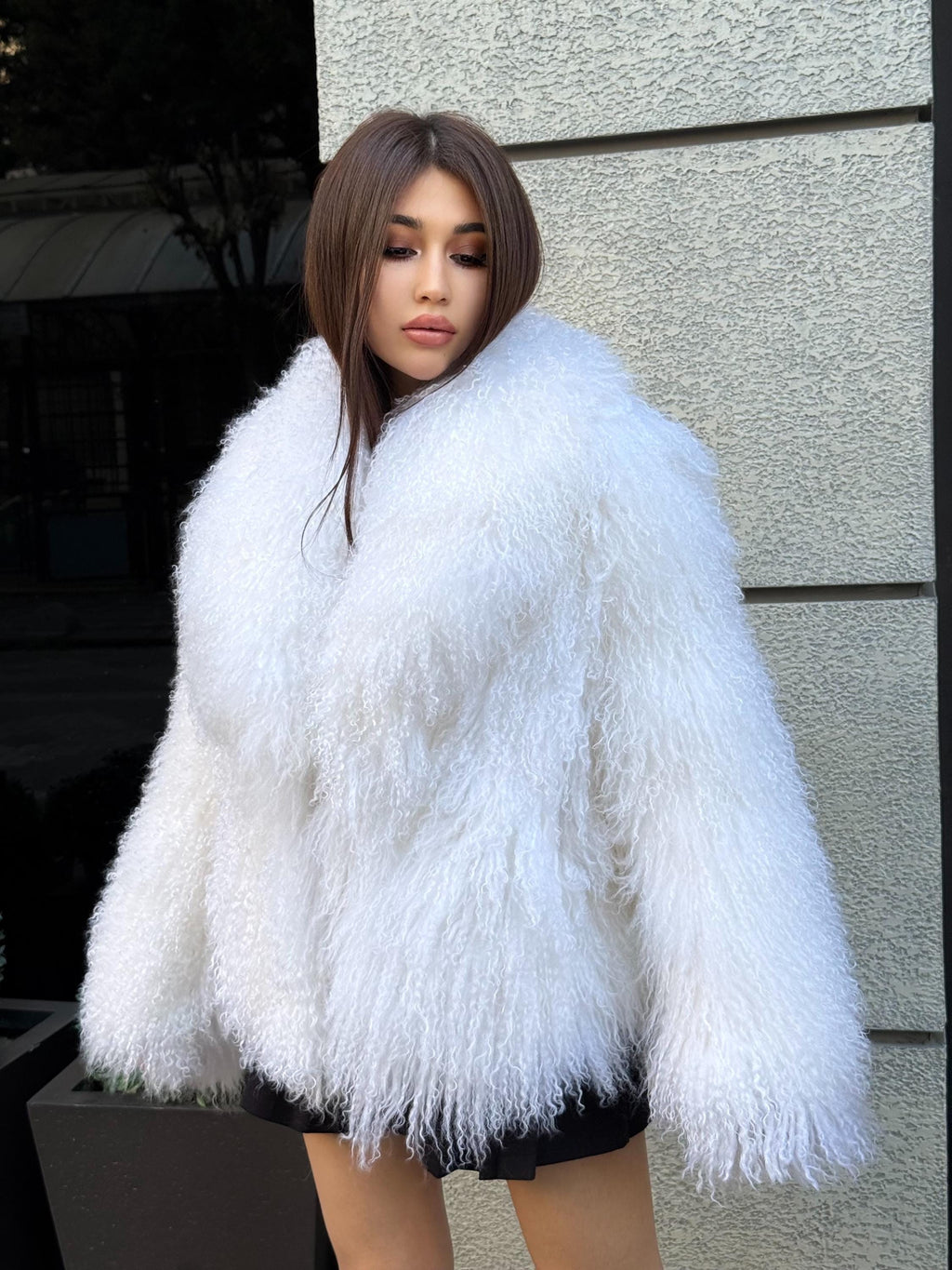 White Tibetan Fur Coat, Women’s Handmade Shaggy Mongolian Lamb Fur Jacket
