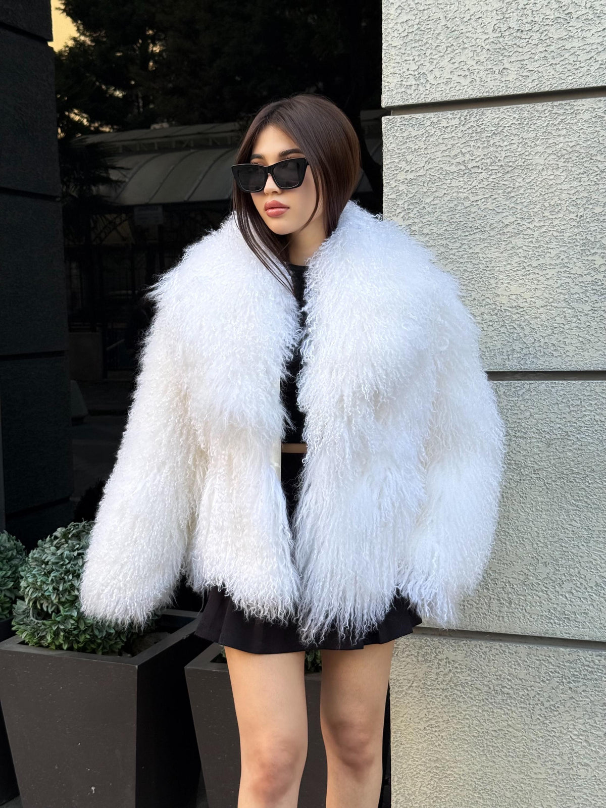 White Tibetan Fur Coat, Women’s Handmade Shaggy Mongolian Lamb Fur Jacket