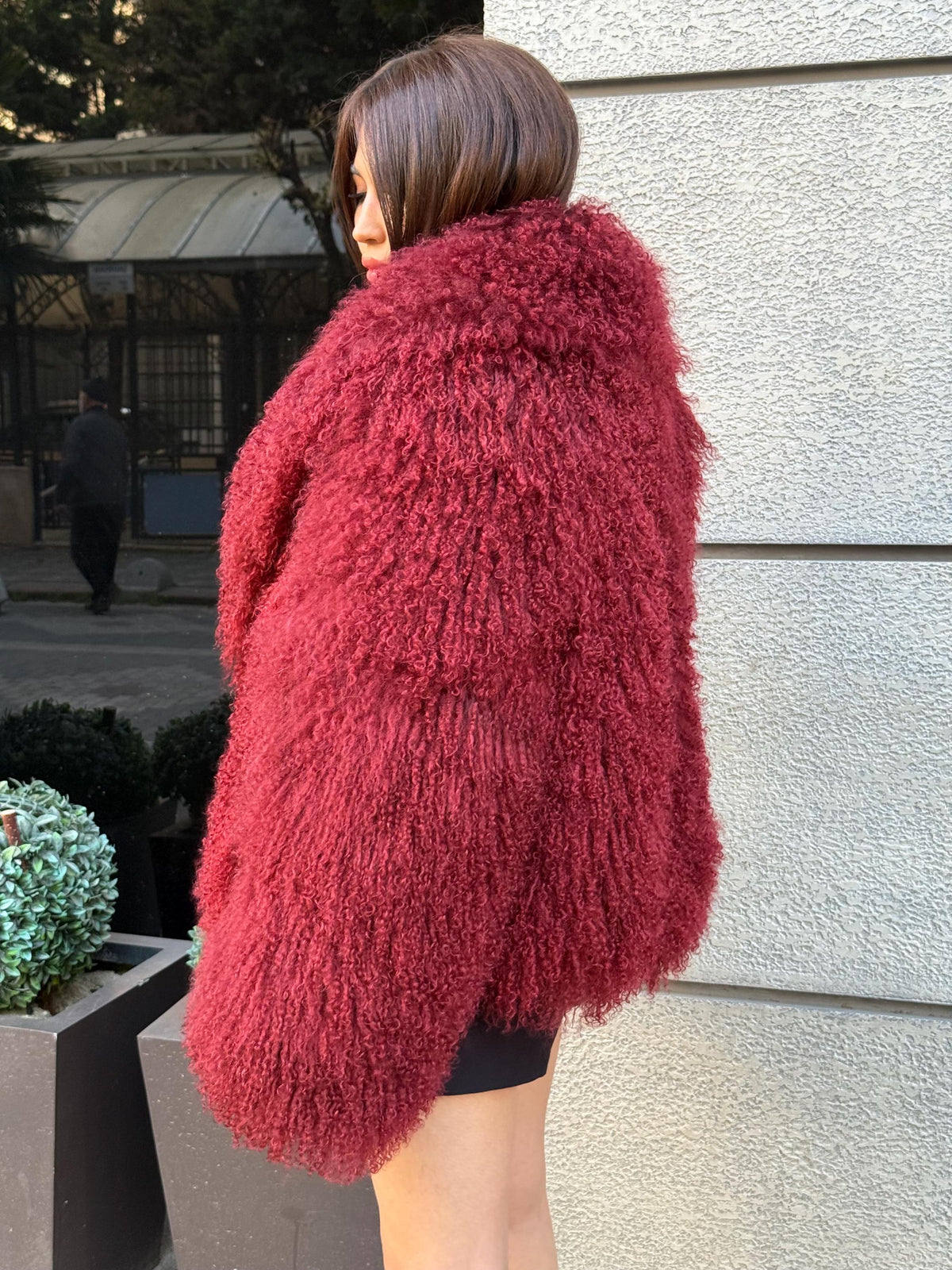 Burgundy Tibetan Fur Coat, Women’s Handmade Short Mongolian Shaggy Lamb Fur Jacket