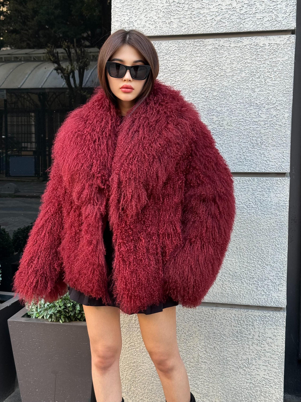 Burgundy Tibetan Fur Coat, Women’s Handmade Short Mongolian Shaggy Lamb Fur Jacket