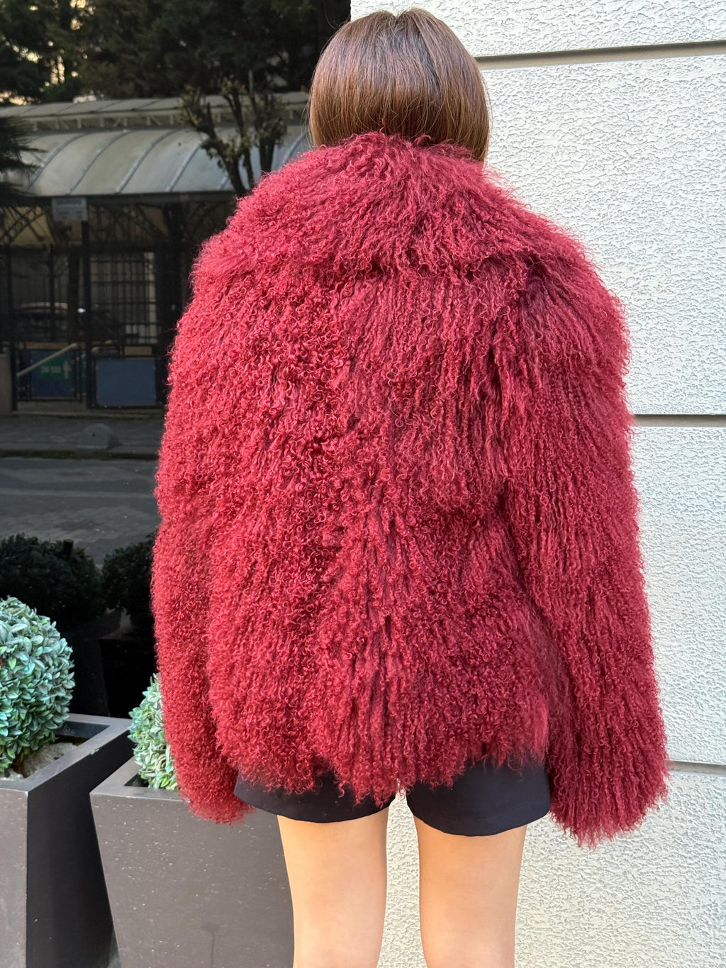 Burgundy Tibetan Fur Coat, Women’s Handmade Short Mongolian Shaggy Lamb Fur Jacket