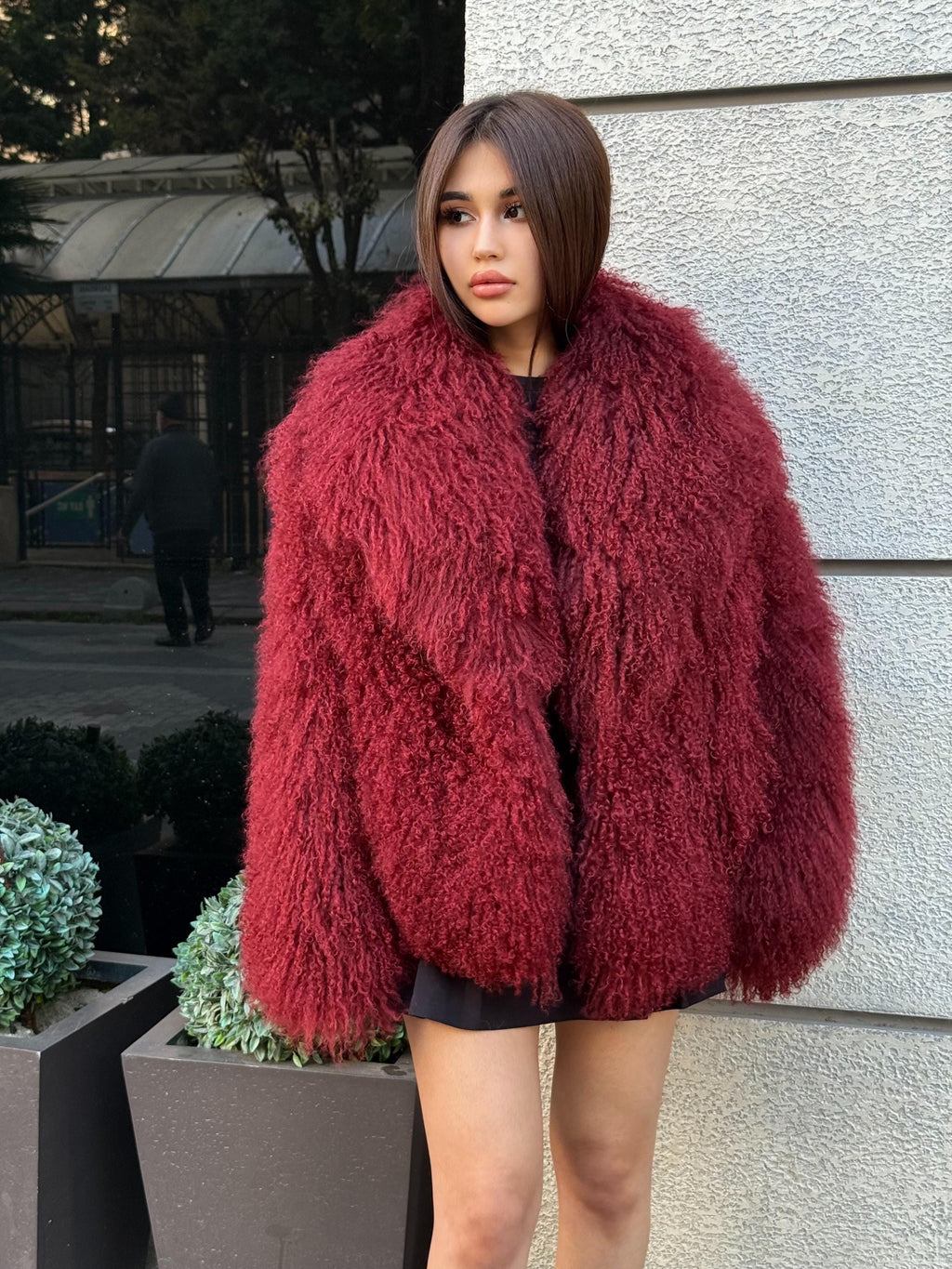 Burgundy Tibetan Fur Coat, Women’s Handmade Short Mongolian Shaggy Lamb Fur Jacket