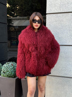 Burgundy Tibetan Fur Coat, Women’s Handmade Short Mongolian Shaggy Lamb Fur Jacket