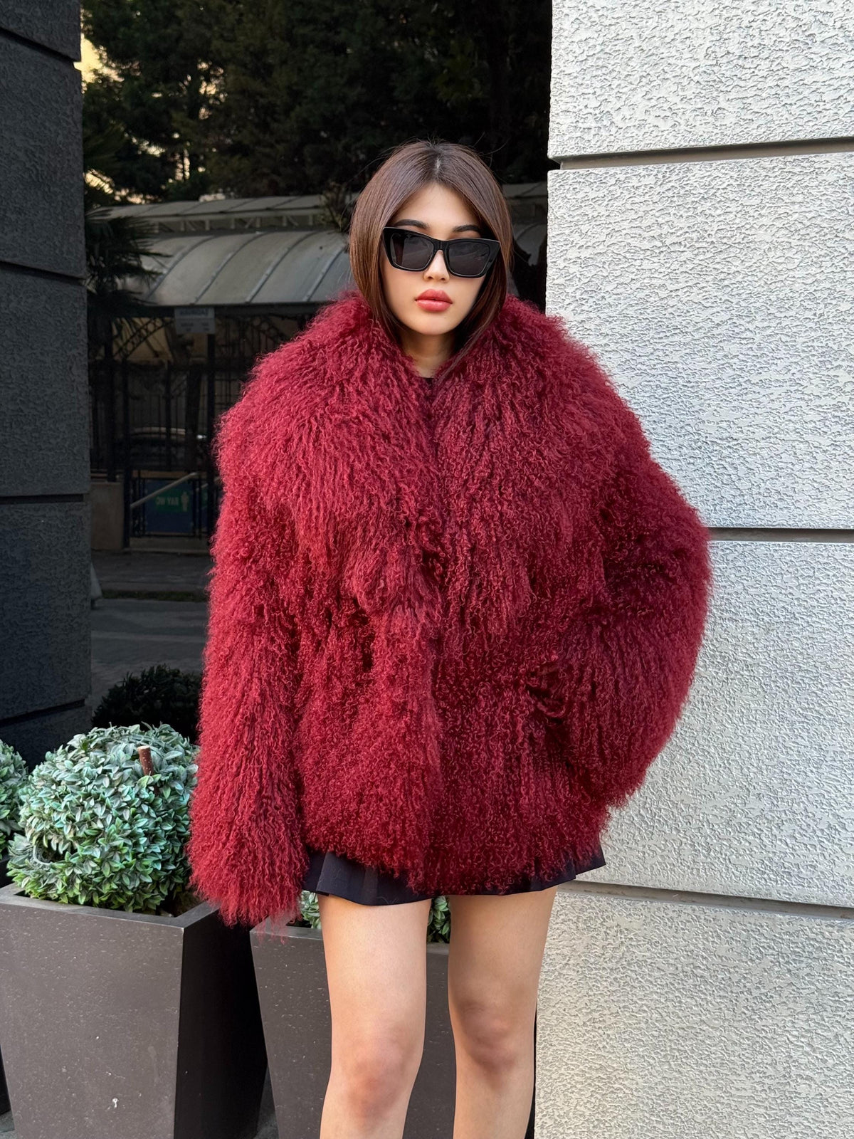 Burgundy Tibetan Fur Coat, Women’s Handmade Short Mongolian Shaggy Lamb Fur Jacket