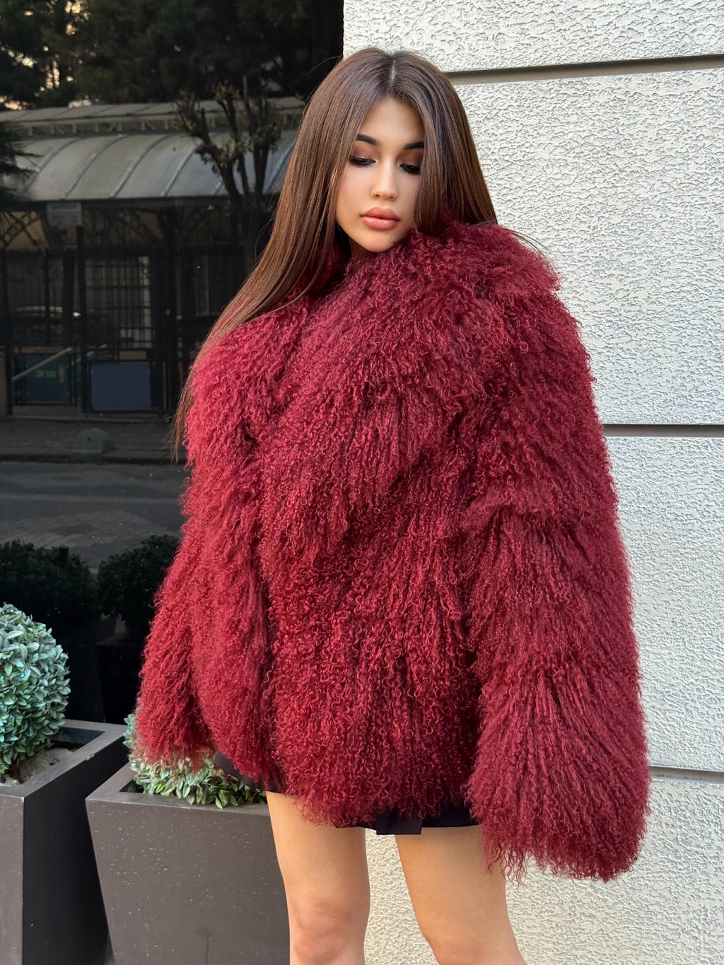 Burgundy Tibetan Fur Coat, Women’s Handmade Short Mongolian Shaggy Lamb Fur Jacket