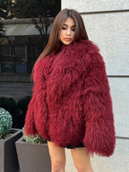Burgundy Tibetan Fur Coat, Women’s Handmade Short Mongolian Shaggy Lamb Fur Jacket
