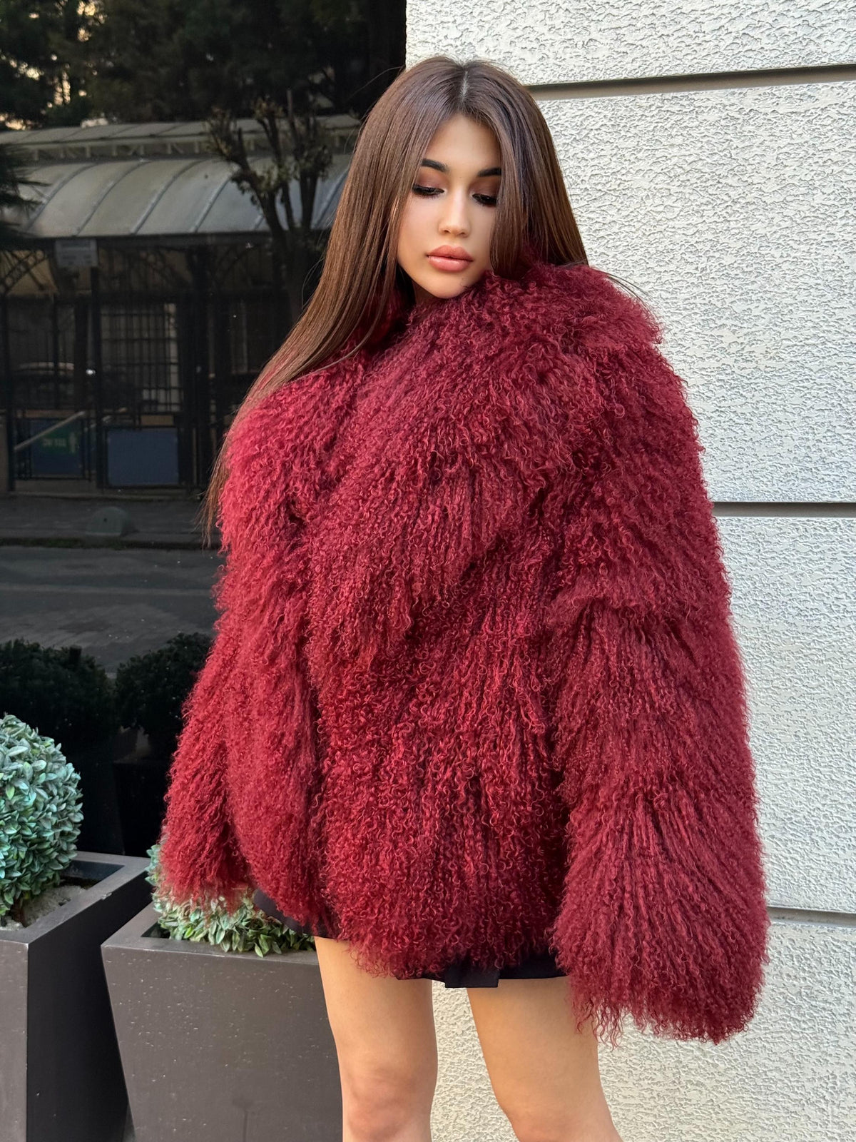Burgundy Tibetan Fur Coat, Women’s Handmade Short Mongolian Shaggy Lamb Fur Jacket