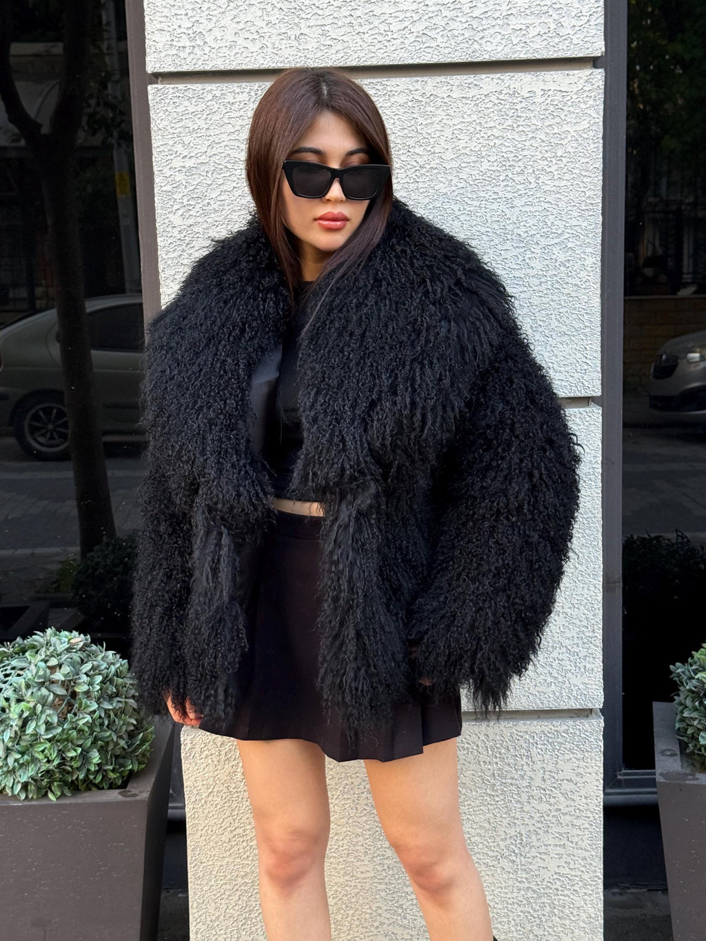 Women’s Black Tibetan Fur Coat, Handmade Luxury Shaggy Mongolian Lamb Fur Jacket