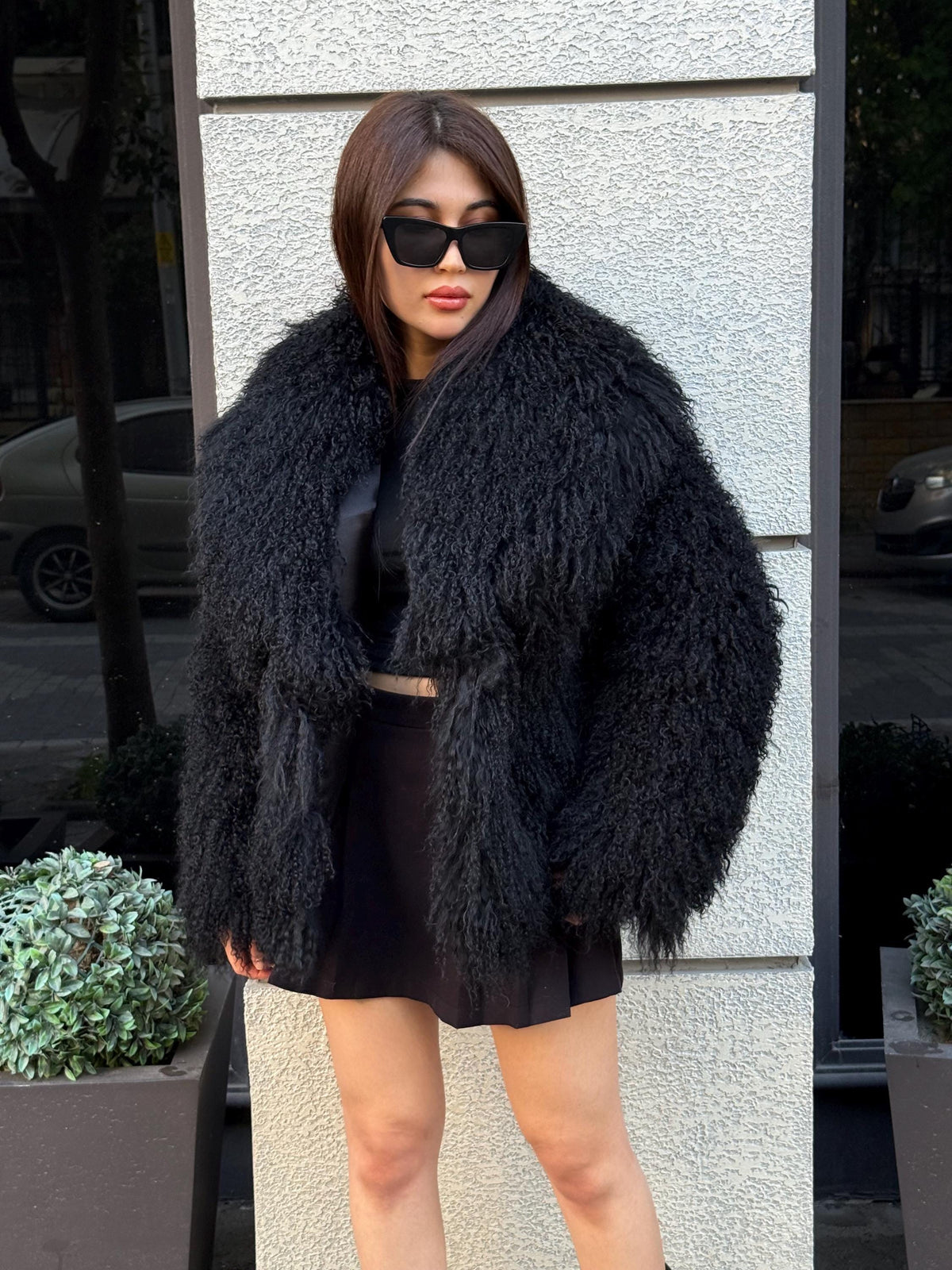 Women’s Black Tibetan Fur Coat, Handmade Luxury Shaggy Mongolian Lamb Fur Jacket