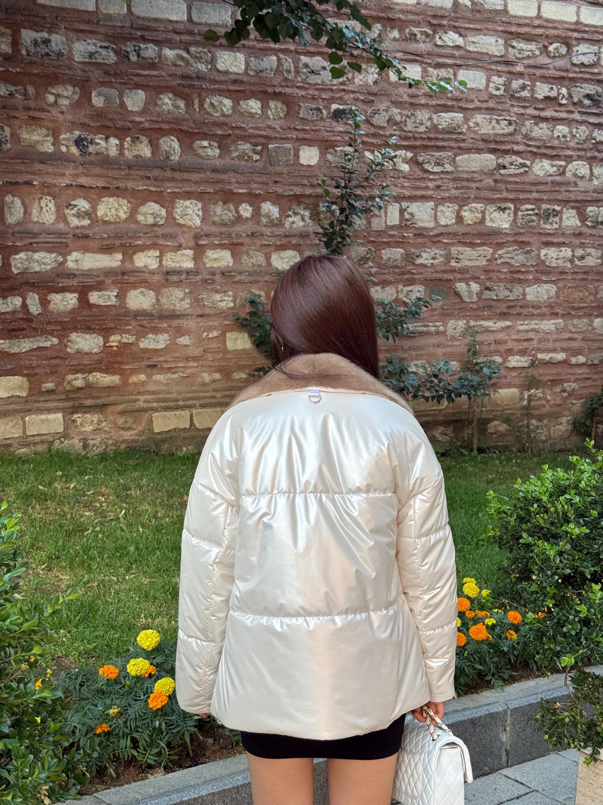 Ecru Handmade Luxury Shiny Puffer Coat with Real Mink Fur Trim | Winter Warm Elegant Jacket | Designer Style Outerwear for Women