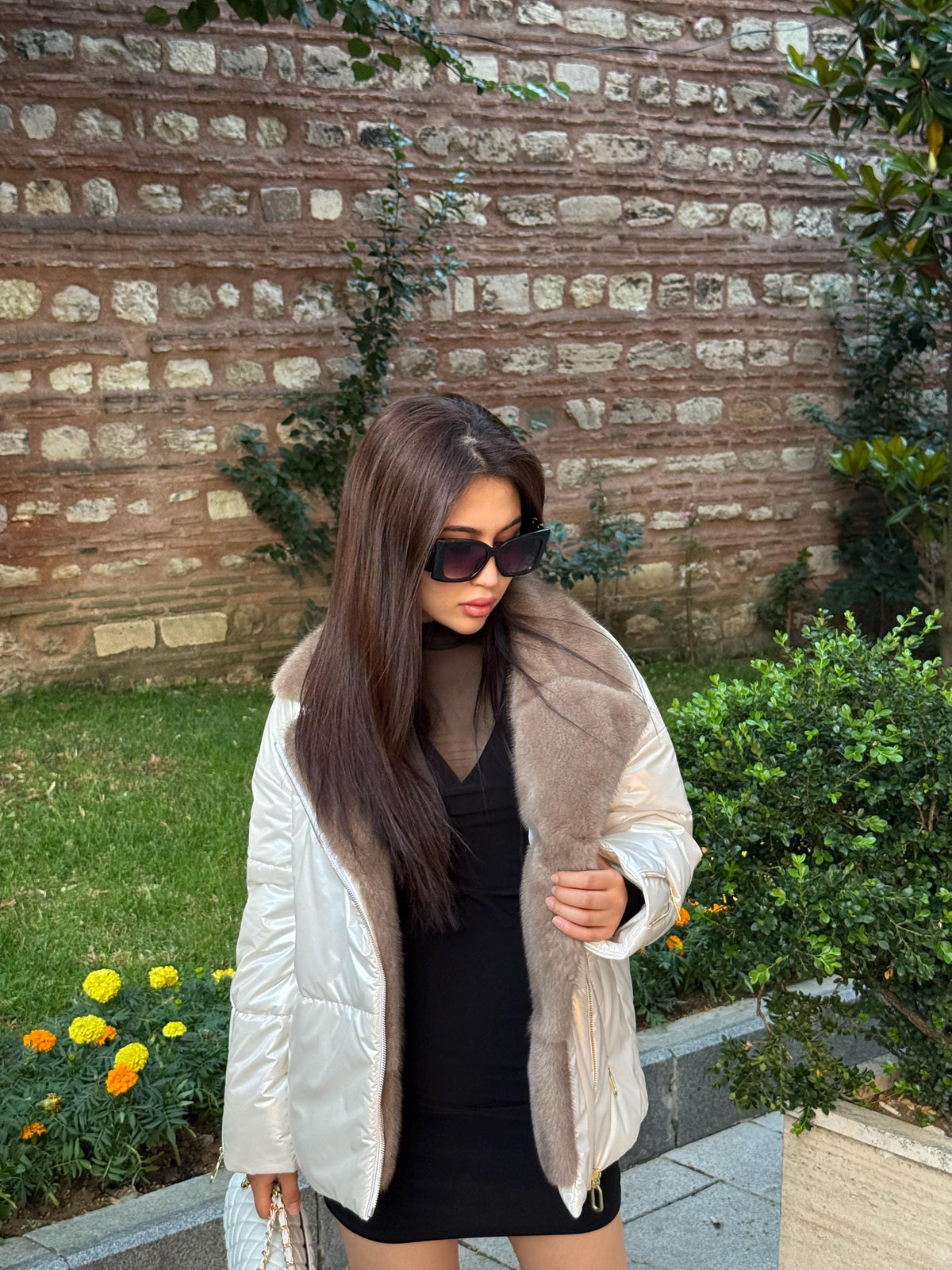 Ecru Handmade Luxury Shiny Puffer Coat with Real Mink Fur Trim | Winter Warm Elegant Jacket | Designer Style Outerwear for Women