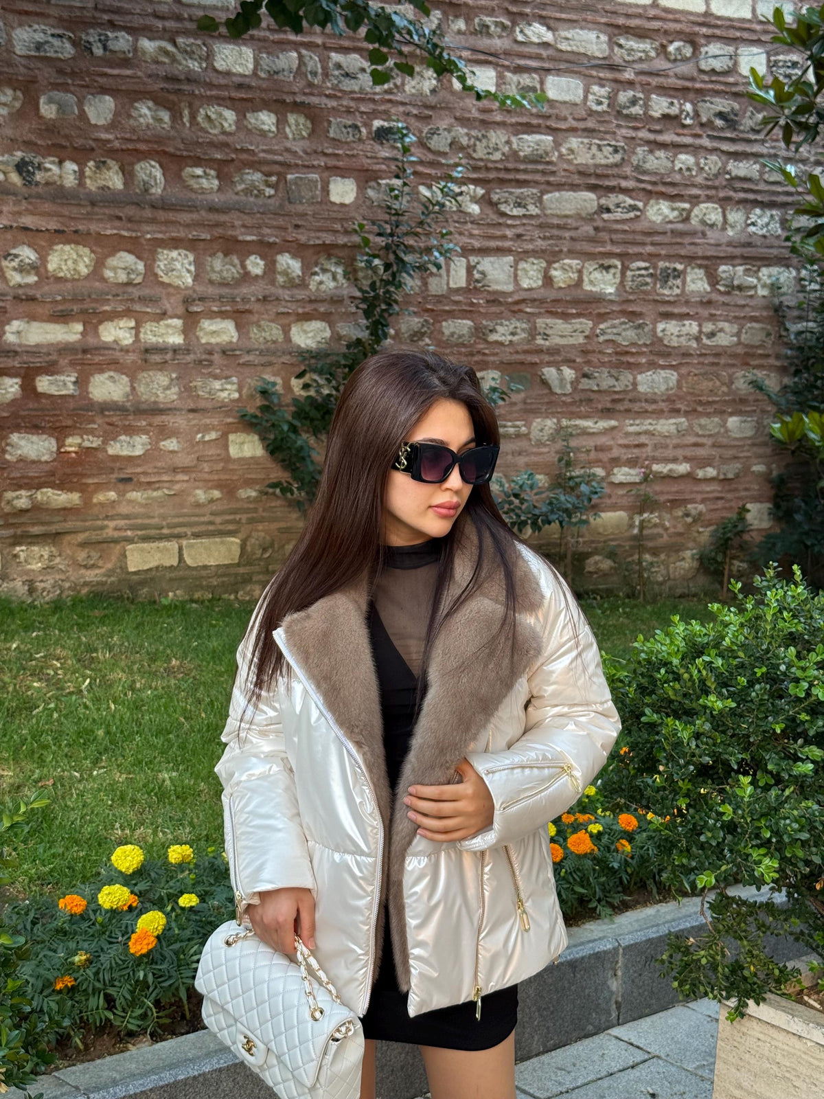 Ecru Handmade Luxury Shiny Puffer Coat with Real Mink Fur Trim | Winter Warm Elegant Jacket | Designer Style Outerwear for Women