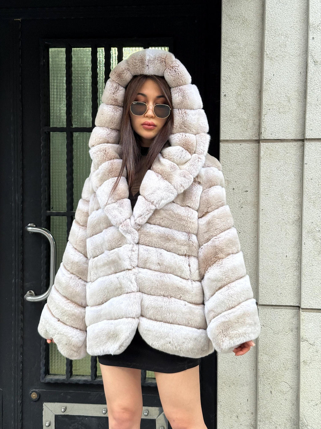 Women’s Beige Rex Fur Jacket, Luxury Handmade Short Rabbit Fur Coat