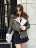 Khaki Shearling Coat Women | 2-in-1 Cropped & Full Sheepskin Jacket | Handmade Winter Fox Fur Collar Coat | Luxury Lamb Fur Transformer