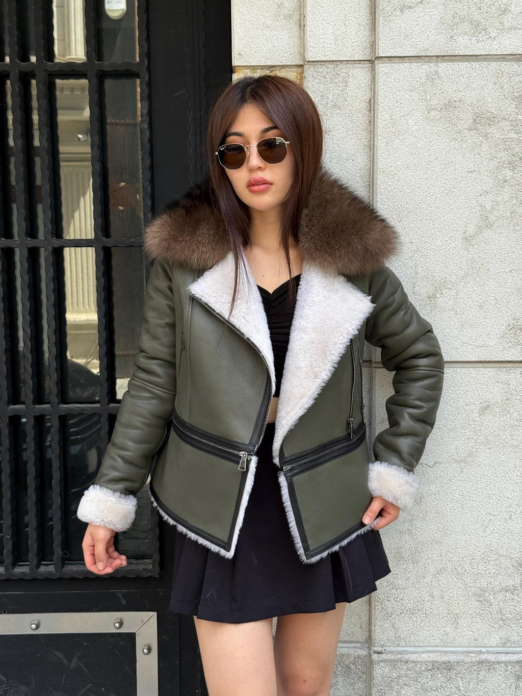 Khaki Shearling Coat Women | 2-in-1 Cropped & Full Sheepskin Jacket | Handmade Winter Fox Fur Collar Coat | Luxury Lamb Fur Transformer