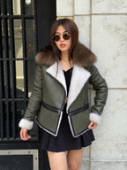 Khaki Shearling Coat Women | 2-in-1 Cropped & Full Sheepskin Jacket | Handmade Winter Fox Fur Collar Coat | Luxury Lamb Fur Transformer