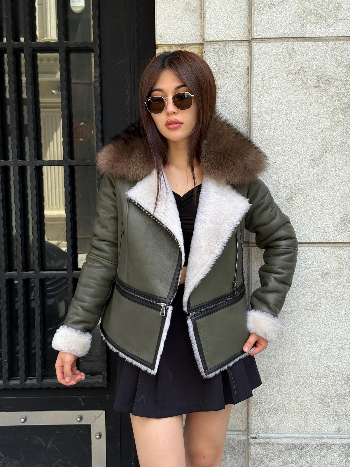 Khaki Shearling Coat Women | 2-in-1 Cropped & Full Sheepskin Jacket | Handmade Winter Fox Fur Collar Coat | Luxury Lamb Fur Transformer