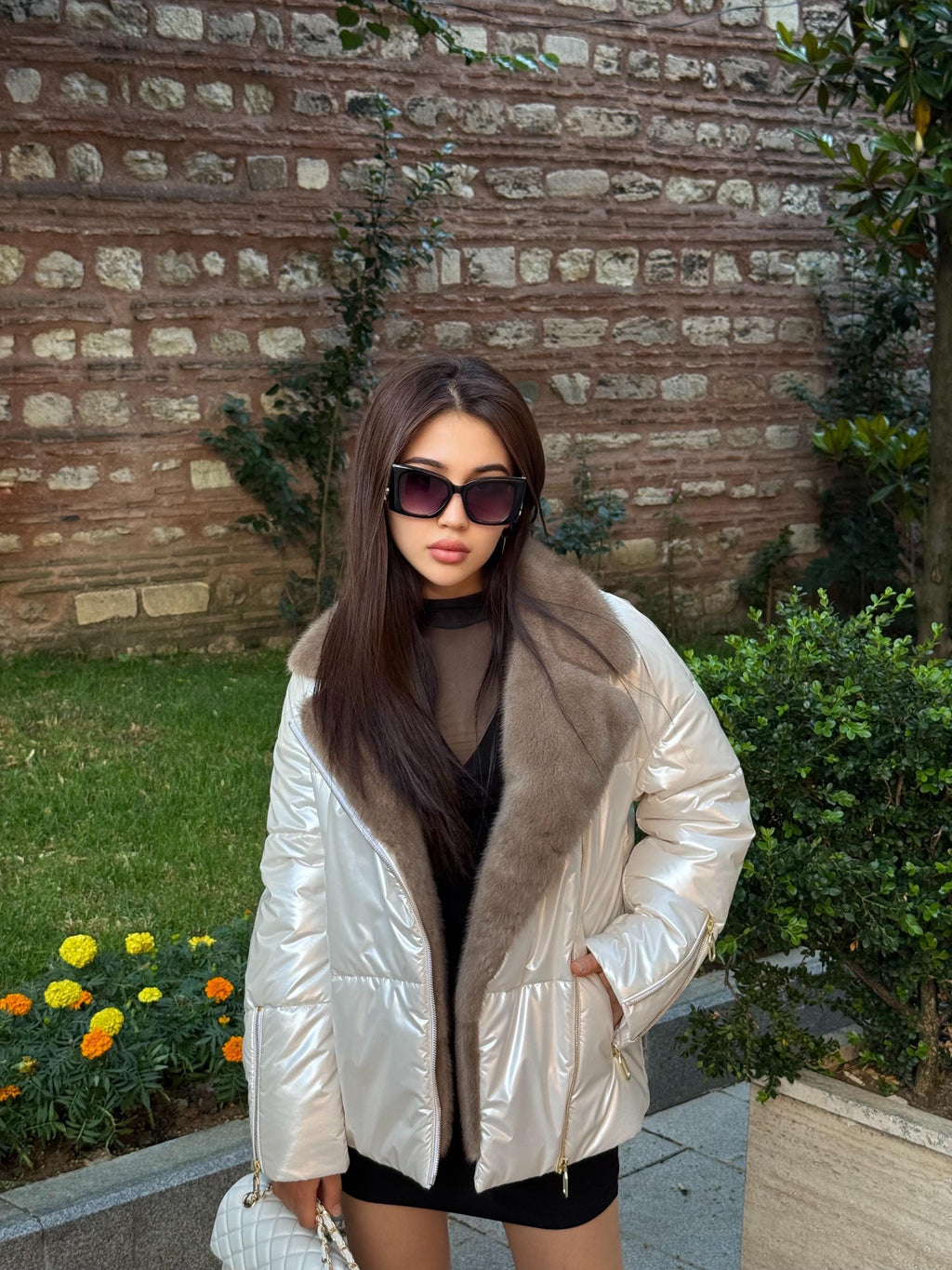 Ecru Handmade Luxury Shiny Puffer Coat with Real Mink Fur Trim | Winter Warm Elegant Jacket | Designer Style Outerwear for Women