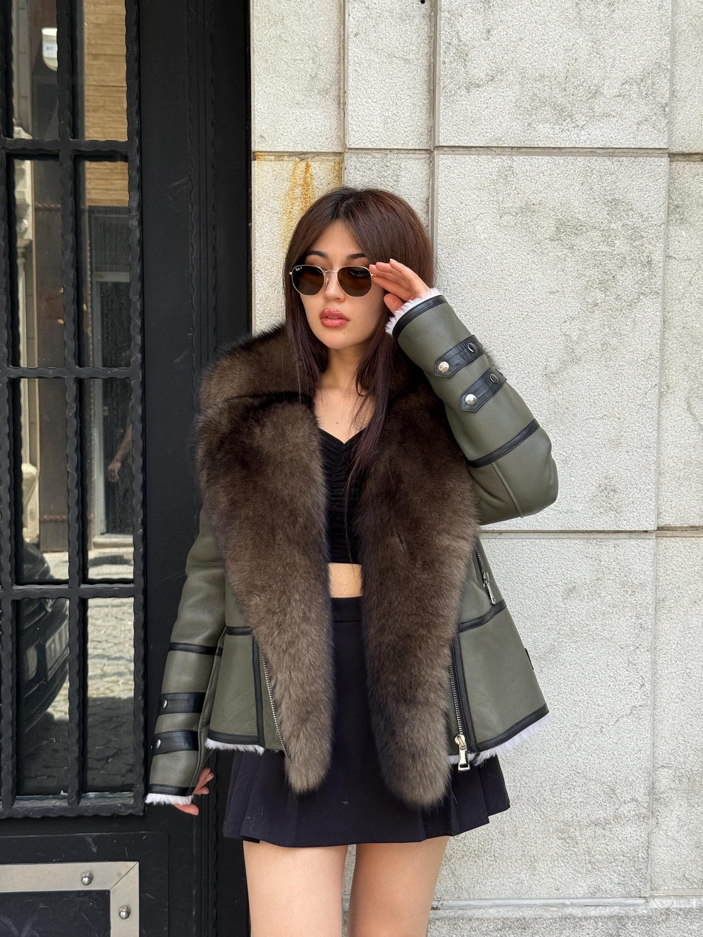 Khaki Shearling Coat With Fox Fur Trim, Handmade Short Lamb Fur Front Fox Fur Coat