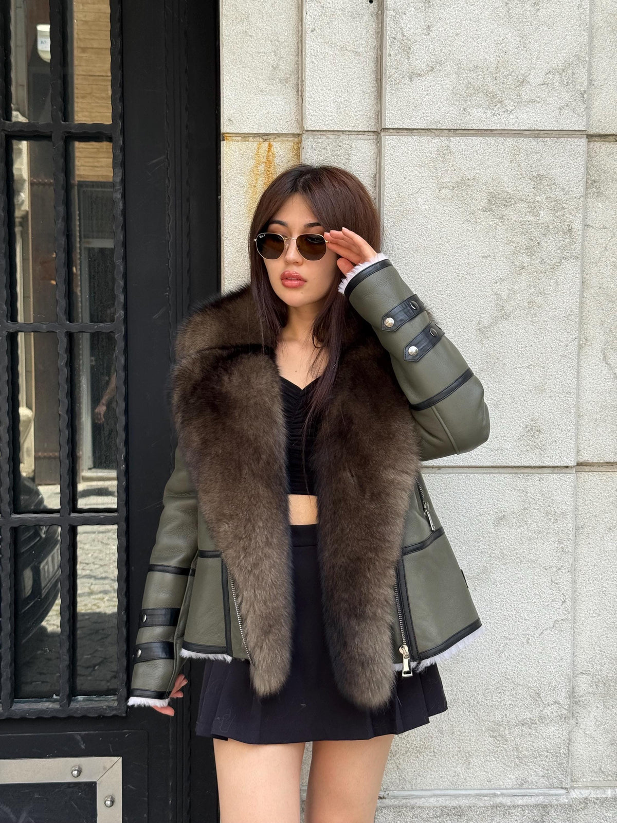 Khaki Shearling Coat With Fox Fur Trim, Handmade Short Lamb Fur Front Fox Fur Coat