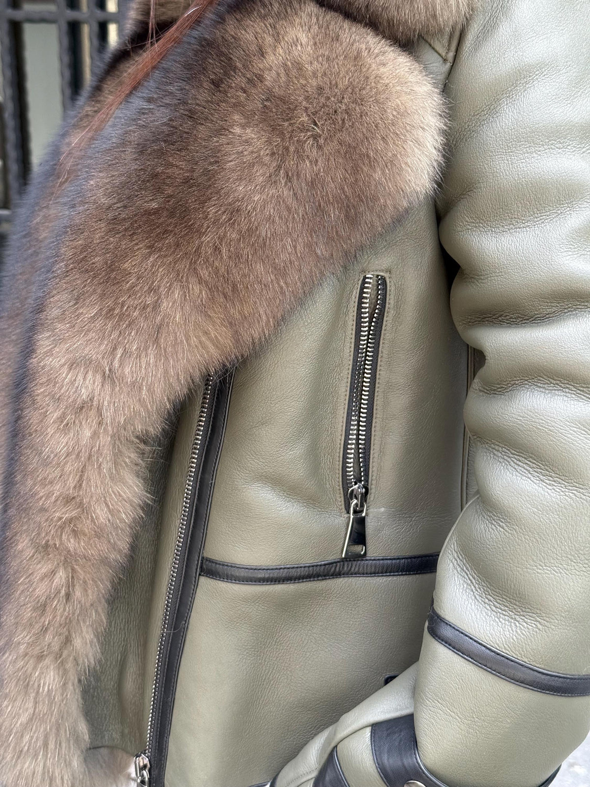 Khaki Shearling Coat With Fox Fur Trim, Handmade Short Lamb Fur Front Fox Fur Coat