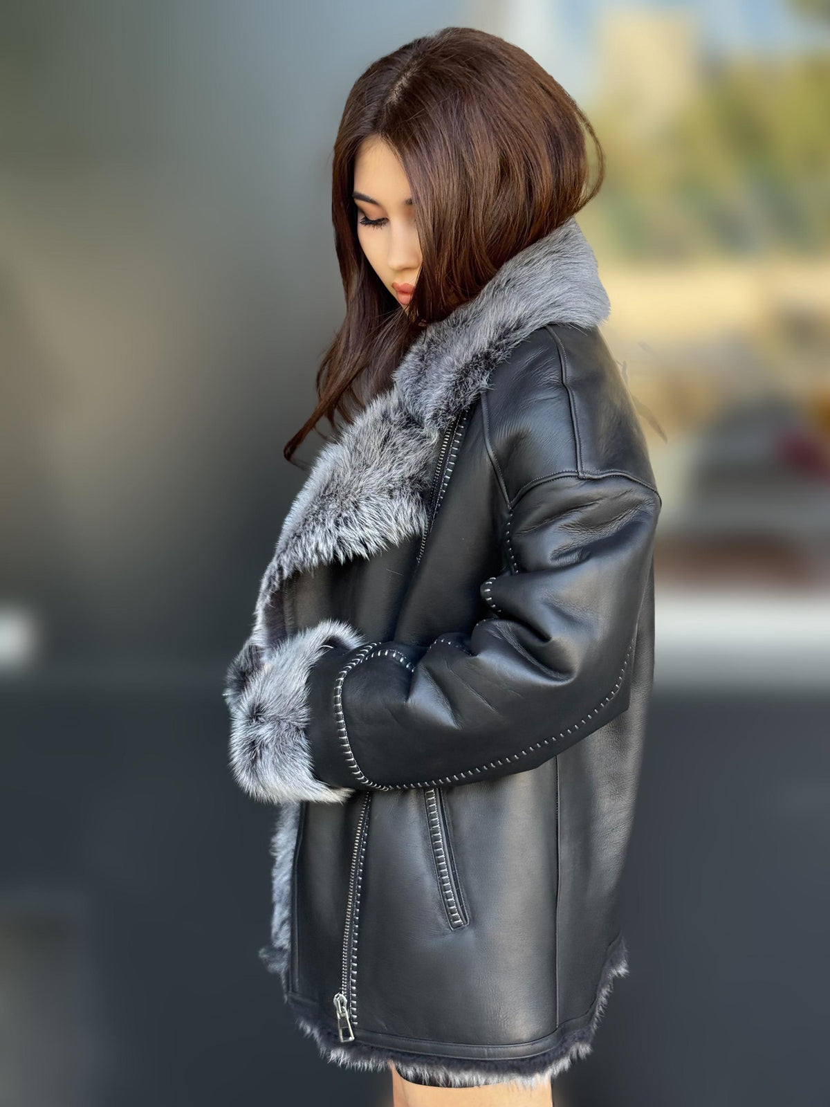 Black Toscana Shearling Aviator Coat: Handmade Women’s Short Lamb Fur Jacket