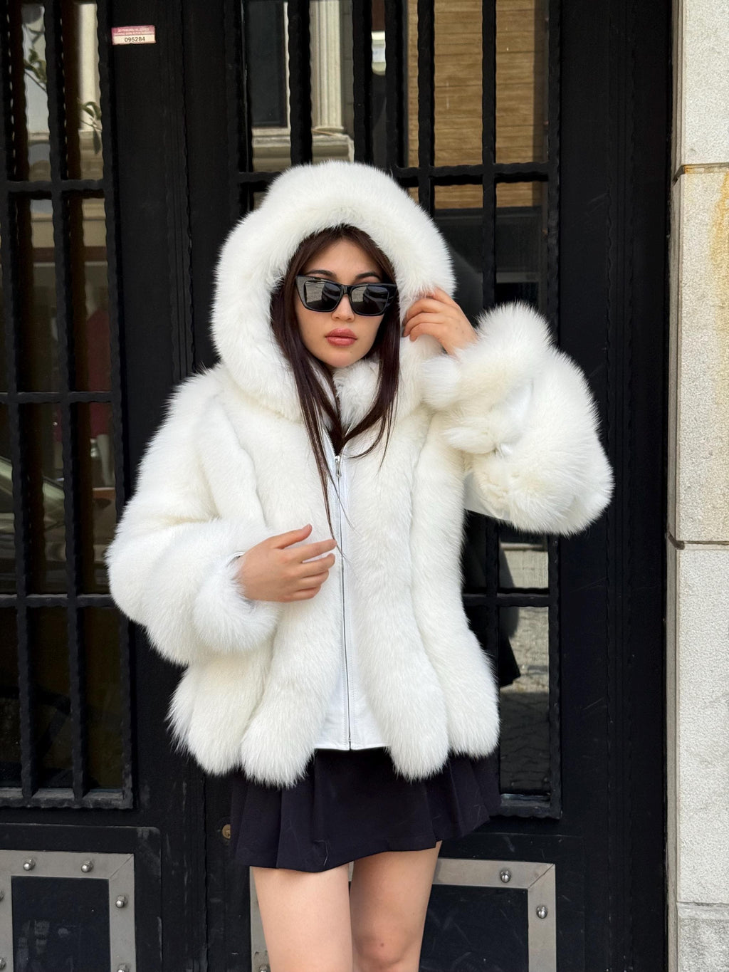 White Shadow Fox Fur Jacket, Luxury Handmade Women Short Fur Coat With Hood